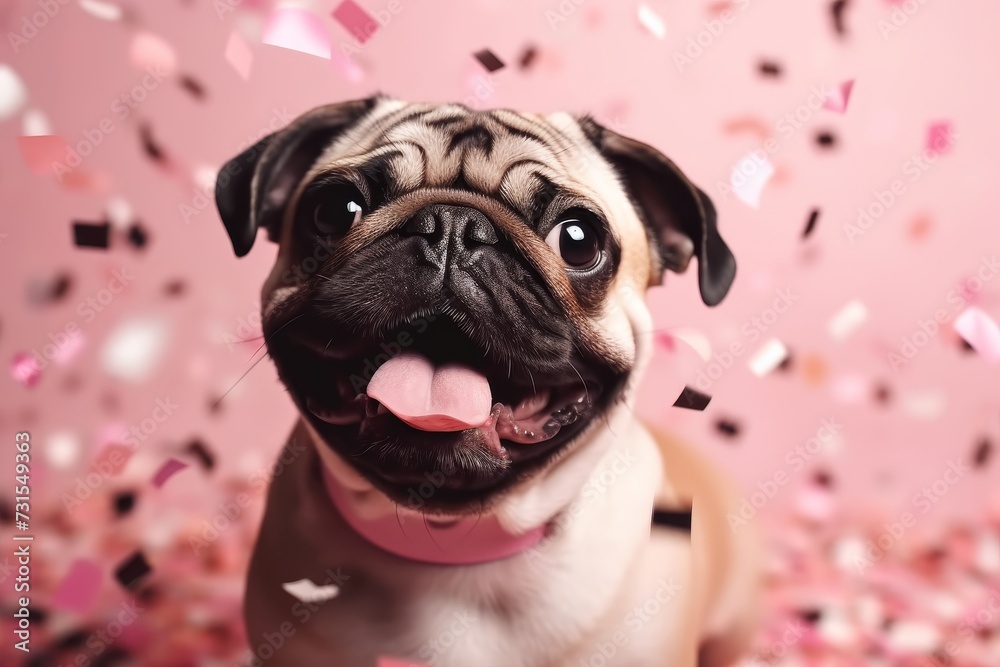 Celebration concept with animals, a pug dog sticking out his tongue looking happy with confetti conflict on a pink background