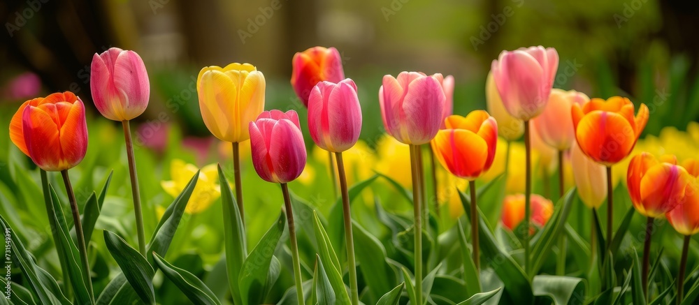 A vibrant meadow filled with colorful tulips, a flowering plant from the grass family, creates a stunning natural landscape. A vibrant meadow filled with colorful tulips, a flowering plant from the grass family, creates a stunning natural landscape.