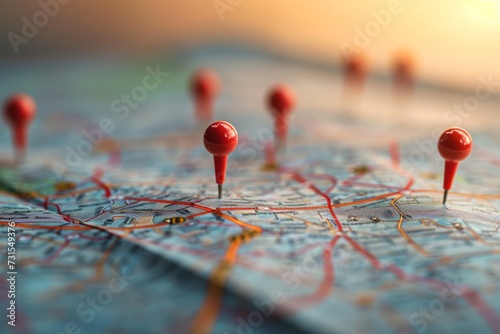 Exploring city routes with red pins Adventure discovery navigation communication logistics geography transport and travel