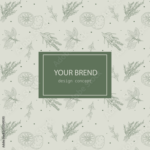 the design of a pattern with herbs with the brand name for packaging soap, fragrance oil, aroma lamps, perfumes. packaging template