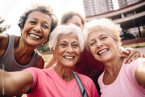 Fit multiracial senior women having fun after yoga class at city park - Elderly female friends taking a selfie while smiling on camera