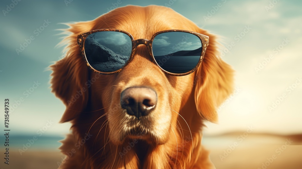 Summer vacation concept, a cool dog in sunglasses enjoying summer vacation