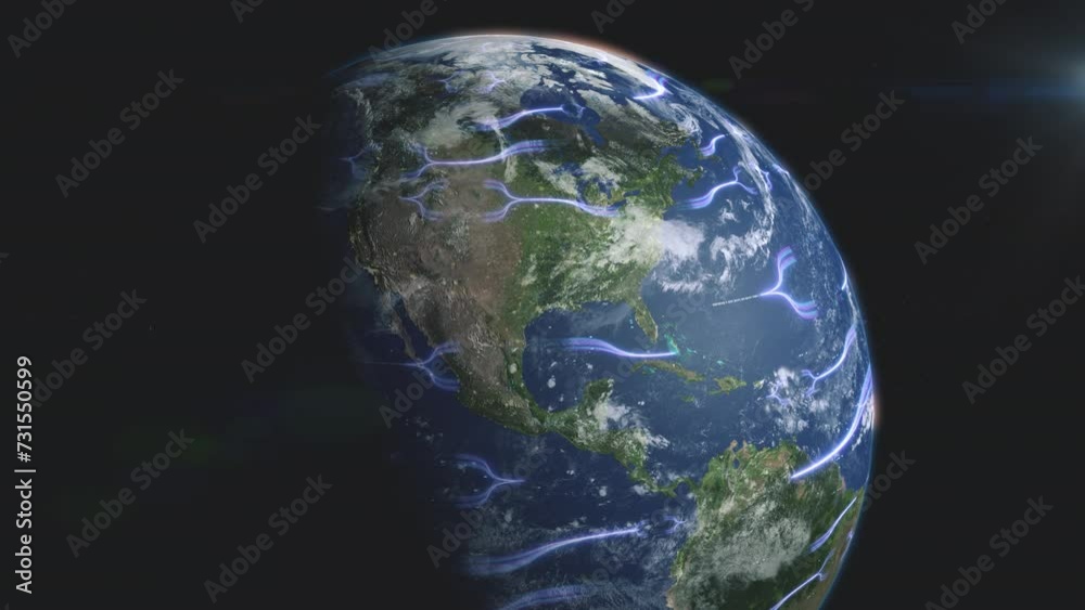 Satellite view of planet earth with schematic image of digital information highways. 3D realistic animation of universe