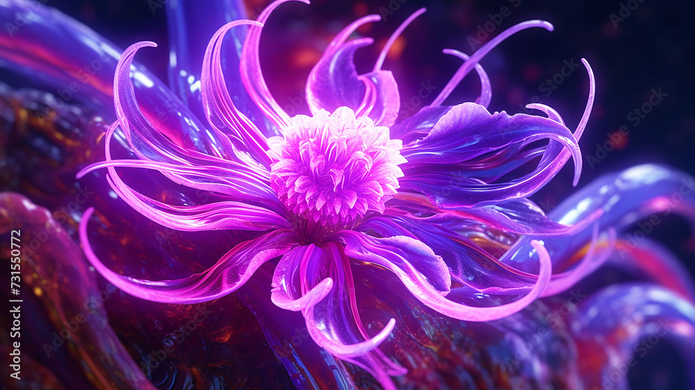 Blooming flower bud, Purple neon glow art, cinematic art, detailed textures. Blooming flower bud, Purple neon glow art, cinematic art, detailed textures.