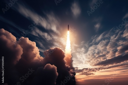 conceptual shot of a futuristic rocket launch from space