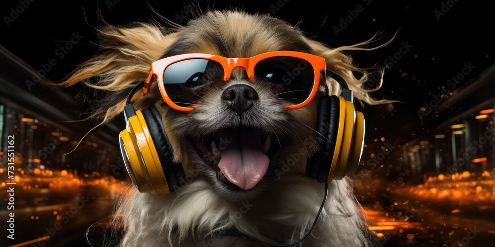 Happy dog in glasses and headphones listens to music on a black background. Nightlife, party. Funny meme