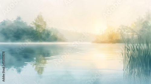 Tranquil Dawn at the Lakeside: Soft Pastel Watercolor Landscape with Serene Lake Reflections, Misty Forest Backdrop, and Gentle Sunlight, Peaceful Morning Scenery for Mindfulness and Relaxation