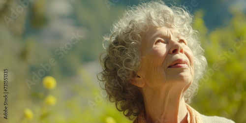 elderly woman with curly hair looking up, generative AI