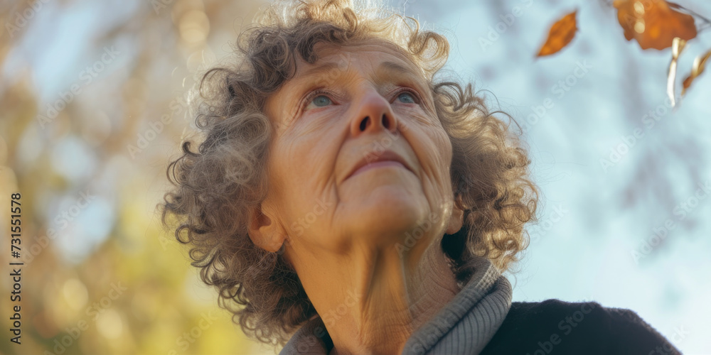 elderly woman with curly hair looking up, generative AI