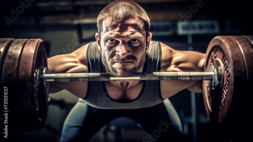 Weightlifting, a strong man will lift a heavy barbell in the gym.