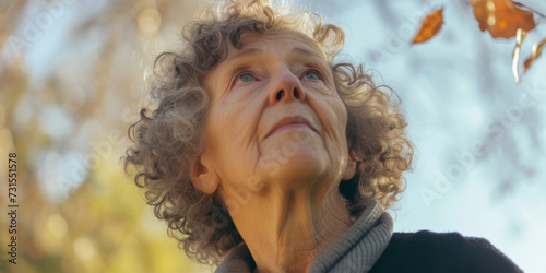 elderly woman with curly hair looking up, generative AI