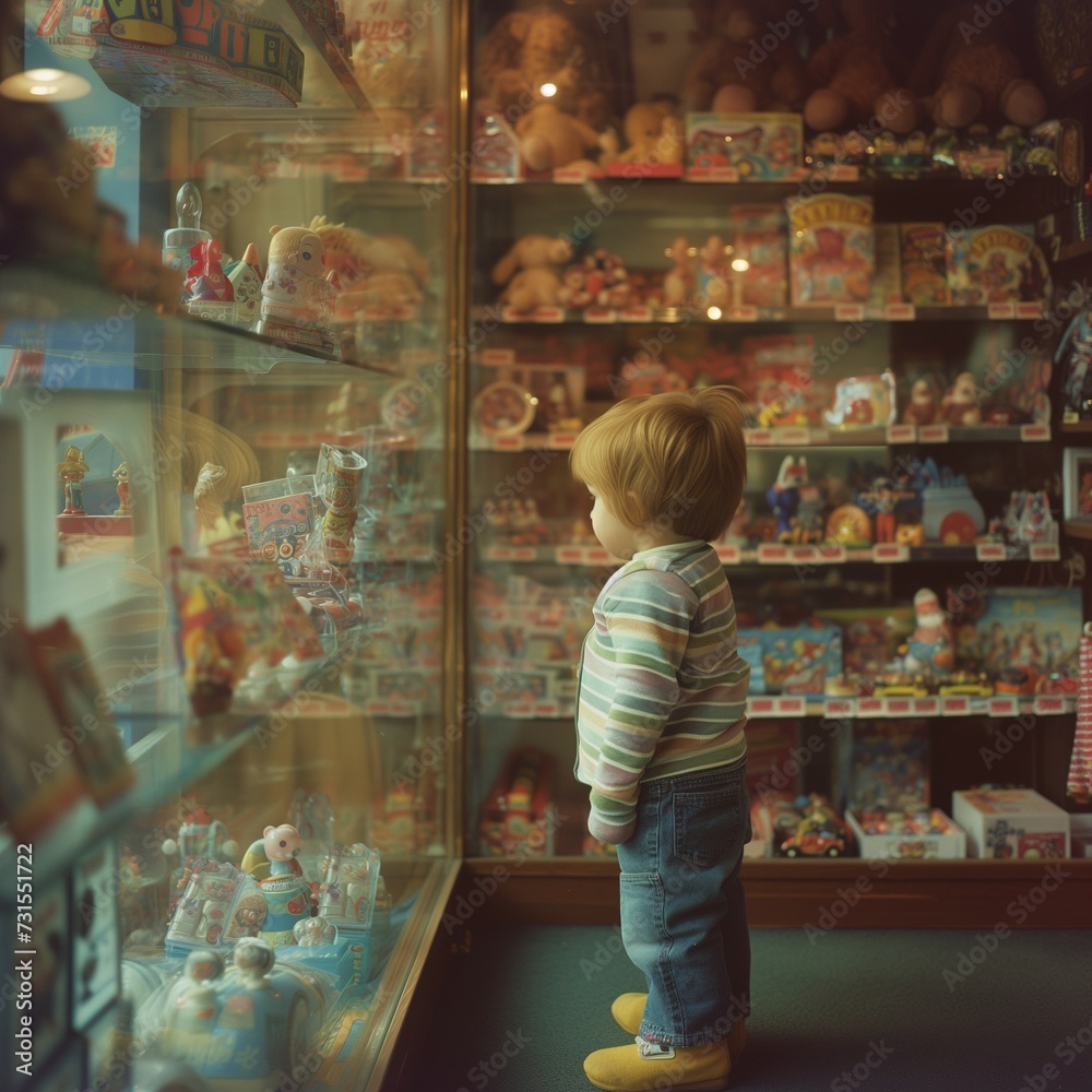 A young child is mesmerized by a colorful display of toys in a cozy store, exuding a sense of wonder and enchantment.