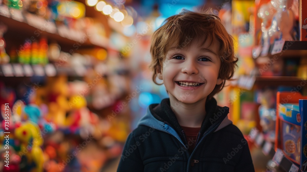 A young boy's radiant smile captures the joyful essence of a toy store visit, with a festive blur of colors and lights creating a playful backdrop.
