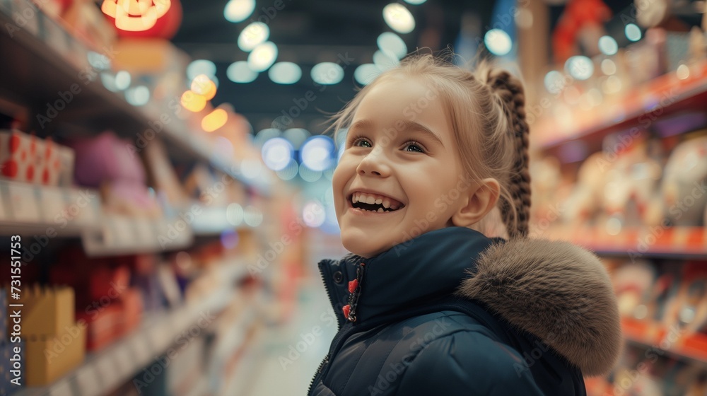 A joyful Nordic girl with braided hair smiles brightly in a toy store, her excitement enhanced by colorful shelves and twinkling lights in the background.