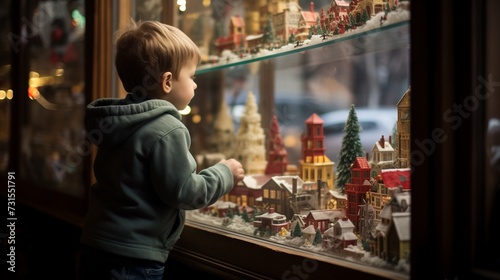 Young child in a green hoodie captivated by a festive toy store window display, featuring a miniature snow-covered village and train set. photo