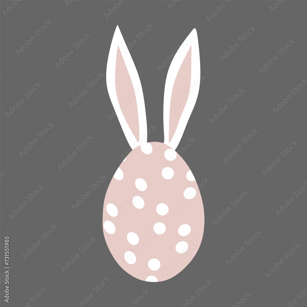 Fototapeta premium Easter Egg with Rabbit Ears. Pink Dotted Egg and Rabbit Vector illustration. Flat Cartoon Isolated Traditional decoration. Holiday Design Element for Greeting Card, Graphic Template, Festive Postcard.