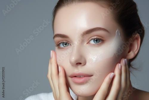 Beautiful woman with cream on her face. Generative AI.