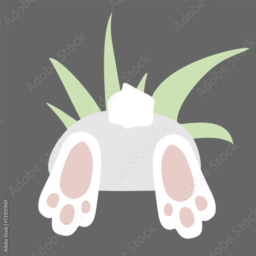 Bunny Foot and Tail in Grass. Vector Flat Rabbit in hole, Cartoon celebration Greeting card illustration. Cute Animal Bottom Holiday Isolated Design art. Eggs Hunt Template, Traditional Easter Symbol