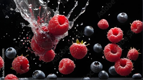frozen movement of berries exploding/throwing berries on a black background.