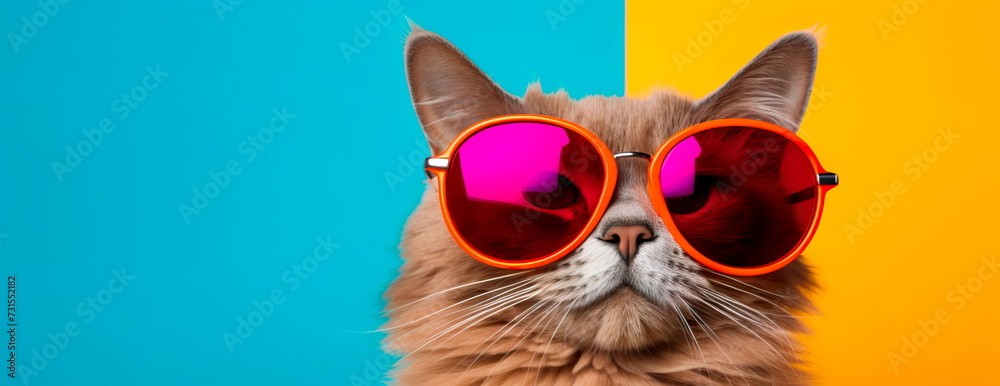 charismatic cat wearing oversized, vibrant sunglasses and striking a pose against a colored backdrop, promoting . Generative AI