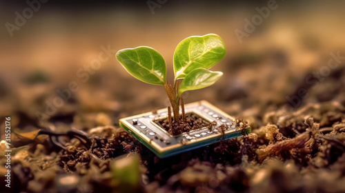 A plant sprouting from a computer chip symbolizes renewal