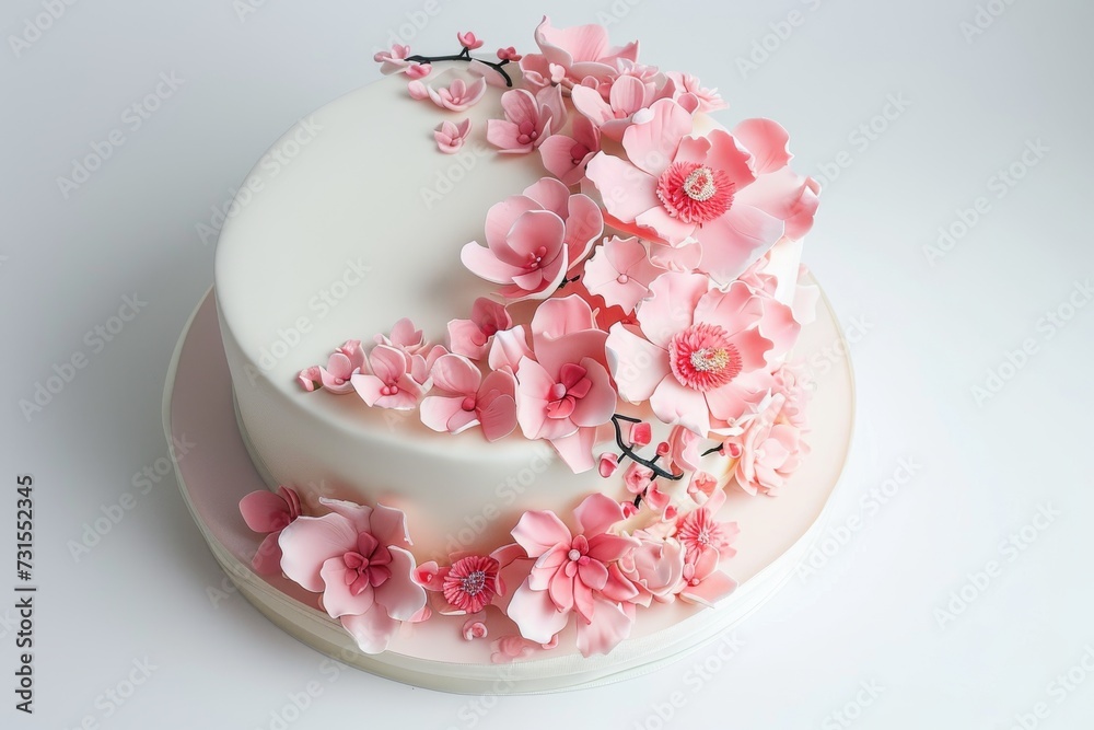 Pastry mastic wedding cake with pink elements on white background Sugar and marzipan flowers lovely cake decor for menu or confectionery catalog Pastry mastic wedding cake with pink elements on white background Sugar and marzipan flowers lovely cake decor for menu or confectionery catalog