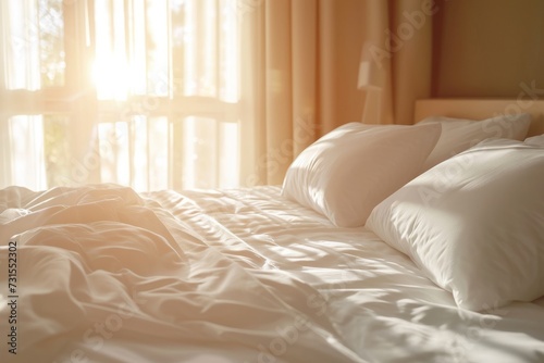 A photo of a bed with green and white linen pillows and a blanket in a sunny bedroom A black side table with vases and flowers is nearby photo