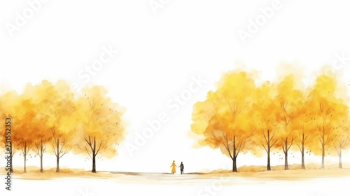 Watercolor hand drawn painting landscape with a couple in the autumn park