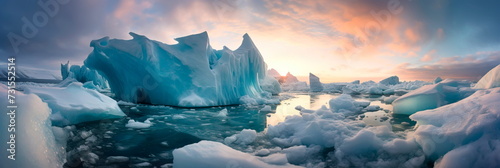 icebergs breaking apart in the Arctic, emphasizing the impact of melting polar ice on rising sea levels. Generative AI photo