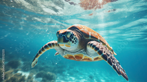 Loggerhead Sea Turtle Swimming in an Underwater Reef Habitat. Generative AI
