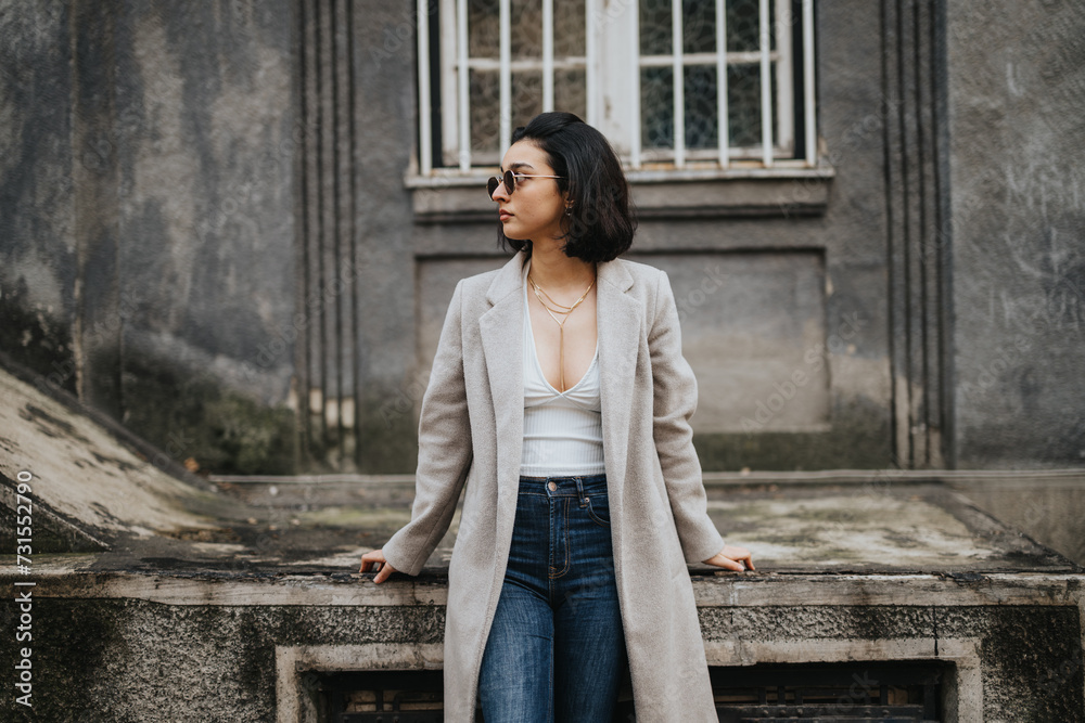 A stylish young female is depicted wandering through city streets on an autumn day, radiating casual elegance and youthfulness.