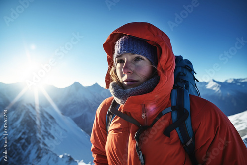 A mountaineer girl in a hoodie with a backpack in winter in the mountains wearing ski goggles.