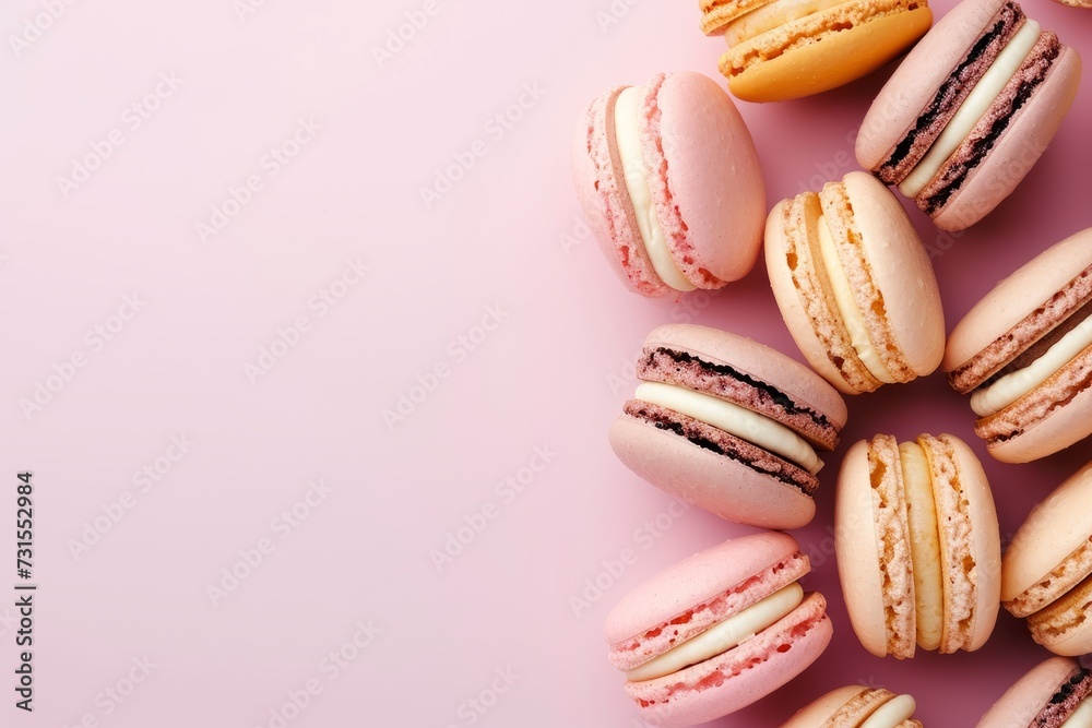 Flat lay with copy space to write macarons on pink background Beautiful dessert Flat lay with copy space to write macarons on pink background Beautiful dessert