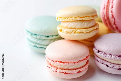 Colorful handcrafted pastel macaroons on white background Gift for March 8th Women s Day Valentine s Day Horizontal closeup banner with copyspace