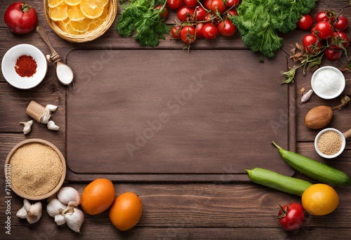 food ingredients on wood background, Vegetarian food, health or cooking concept.
