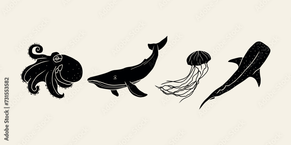 Set of flat vector marine animals