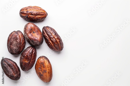 Top view of unpeeled cocoa bean isolated on white background