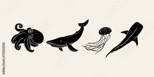 Set of flat vector marine animals