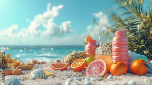 Beachside scene with healthy snacks, sunscreen, and exercise gear for a day of active relaxation.