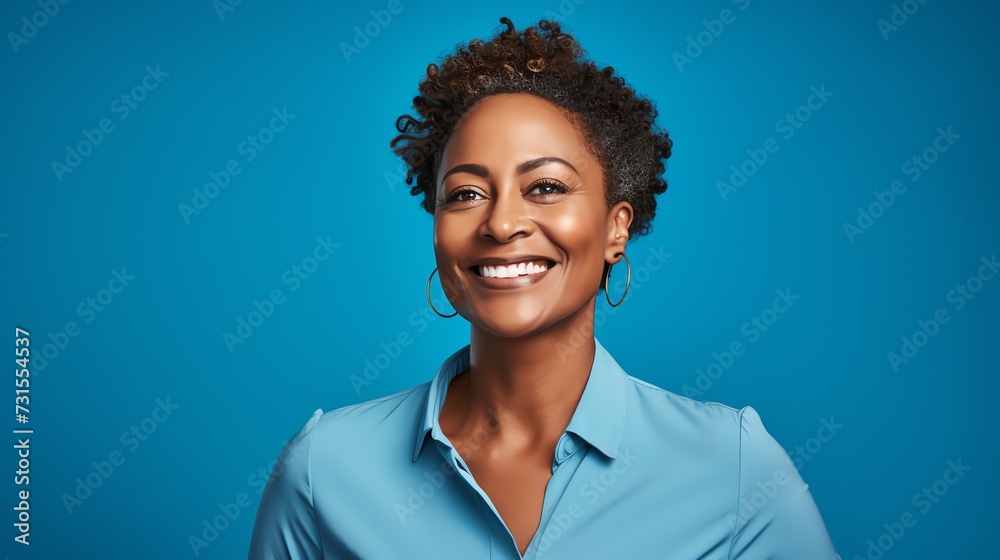 Mid age happy woman on a colored background. Studio portrait. AI generated image. Mid age happy woman on a colored background. Studio portrait. AI generated image.