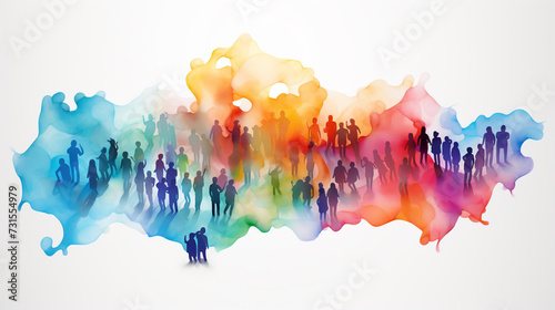 Crowd illustration, large group of people walking on white space, top view photo