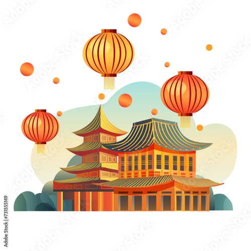 chinese traditional building icon new year sign for greeting card asian flyer invitation poster