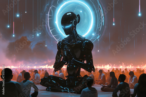 Cyber god in front of their adepts for artificial super intelligence encounter. Neural network generated image. Not based on any actual person or scene.