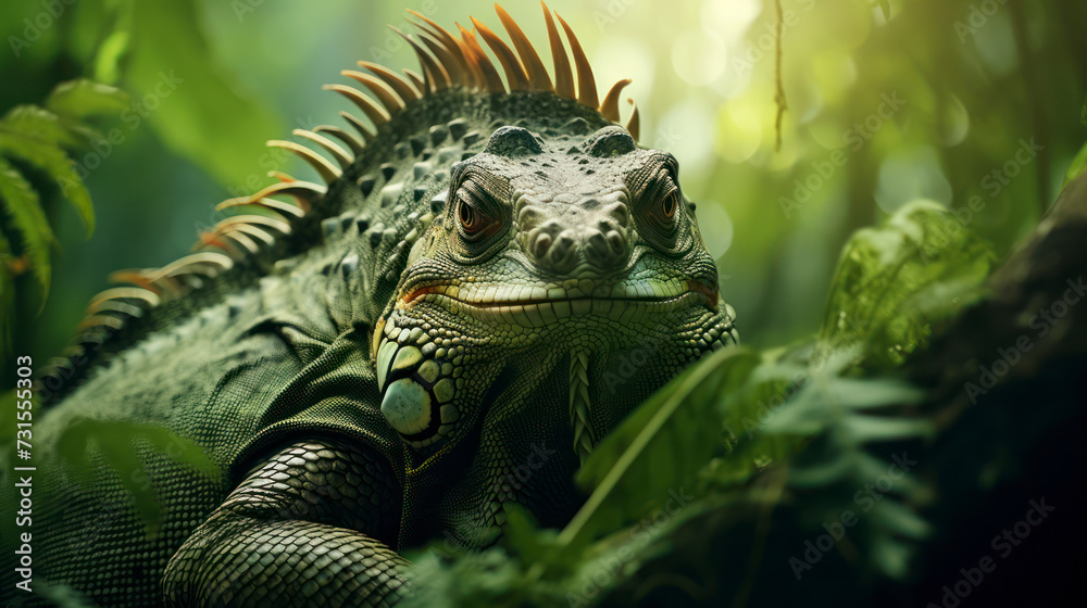Fototapeta premium Exotic Iguana in Natural Greenery: Close-up of a Happy Lizard in Wildlife. Generative AI