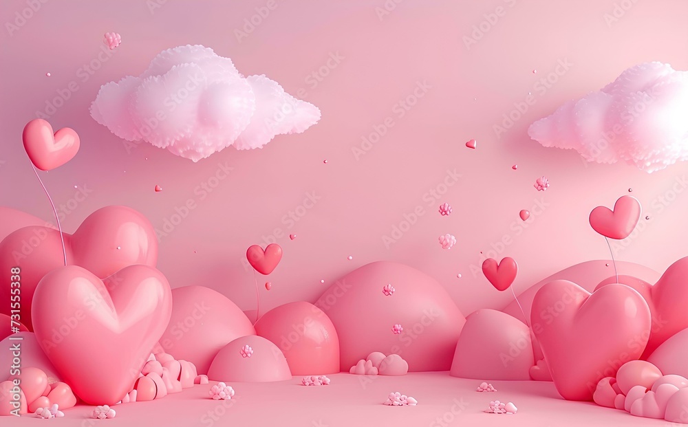 Valentines day background with pink heart and clouds. 3d rendering