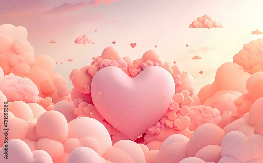 Valentines day background with pink heart and clouds. 3d rendering