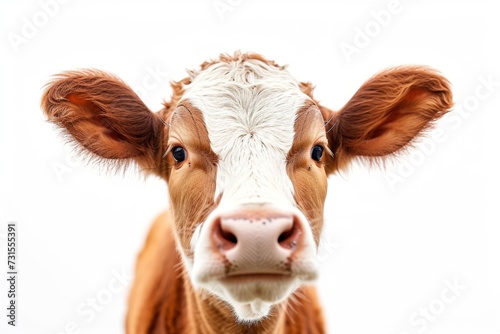 Inquisitive calf with nosey nose peeking from white background © LimeSky