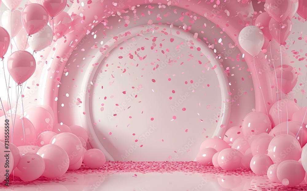 3d render of pink birthday, Valentine’s Day background with balloons and confetti. 3d render of pink birthday, Valentine’s Day background with balloons and confetti.
