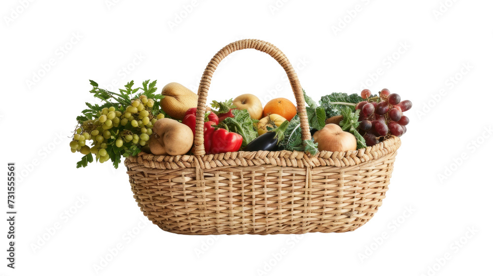 Wicker basket with various grocery products including fresh vegetables and fruits. Wicker basket with various grocery products including fresh vegetables and fruits.