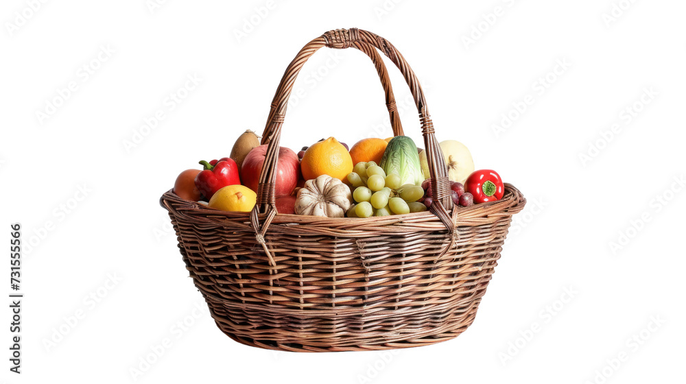 Wicker basket with various grocery products including fresh vegetables and fruits. Wicker basket with various grocery products including fresh vegetables and fruits.